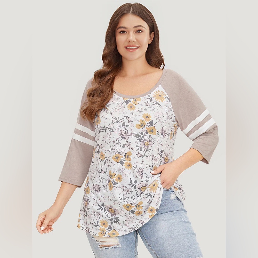 Floral Print Patchwork Raglan Sleeve T-Shirt - Medium - Picture 3 of 6